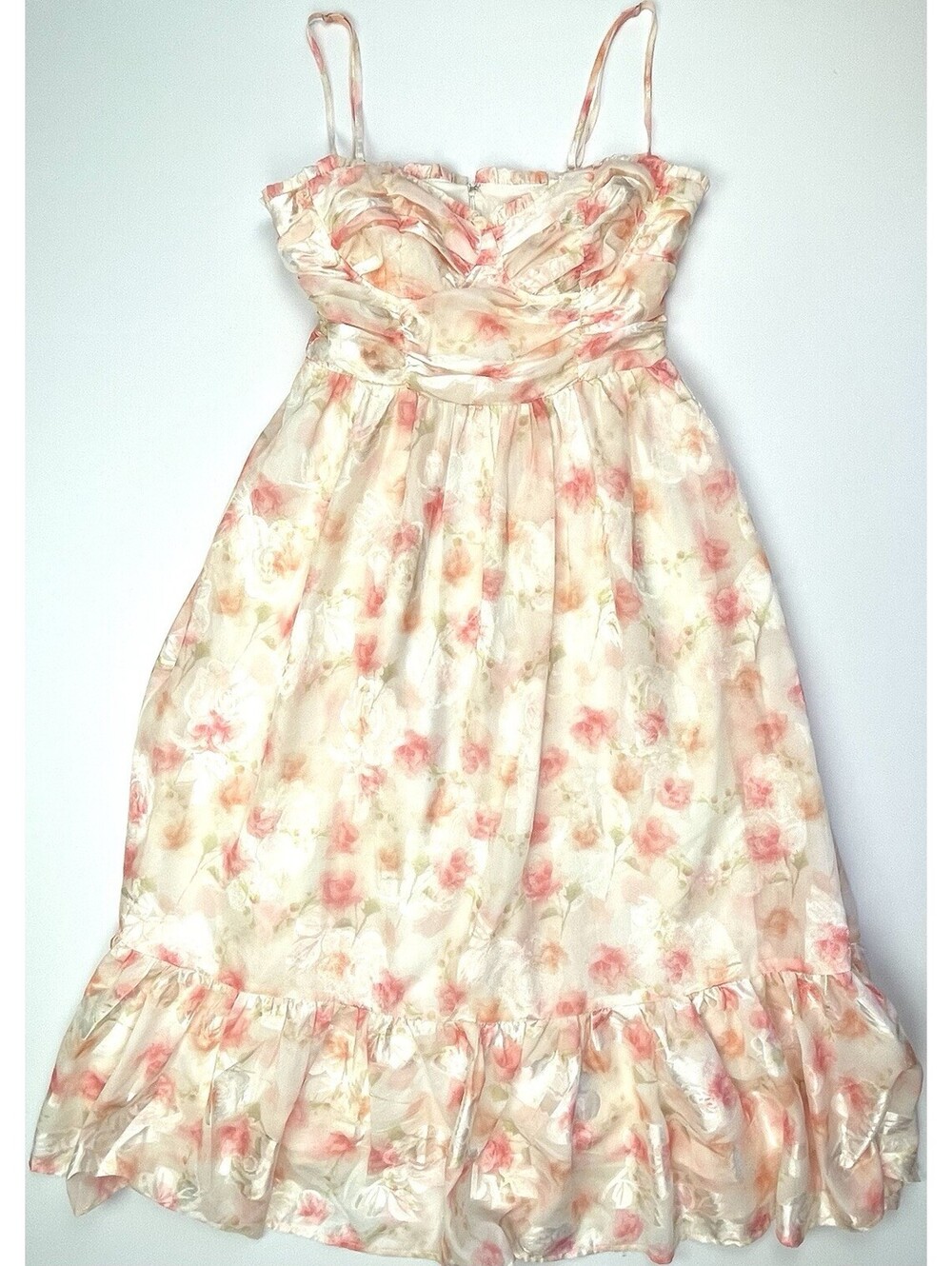 STORIA Rose Print Midi Dress Cream Pink Floral Cottage Romantic Summer Small